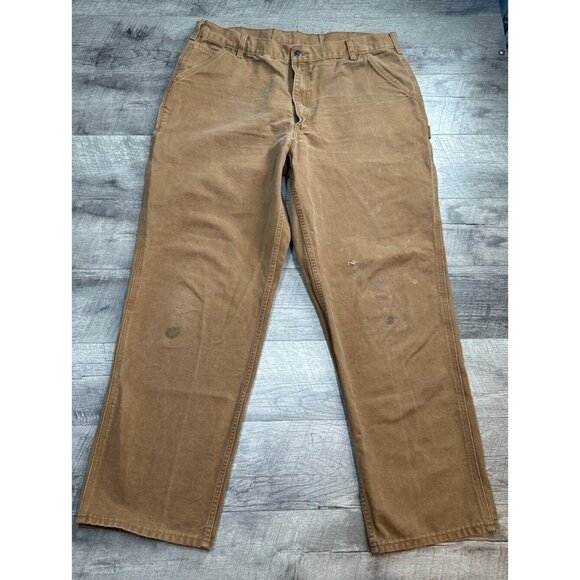 Carhartt Pants Mens 38x33 Tan Carpenter Relaxed‎ Duck Canvas Workwear Stained - Picture 1 of 10